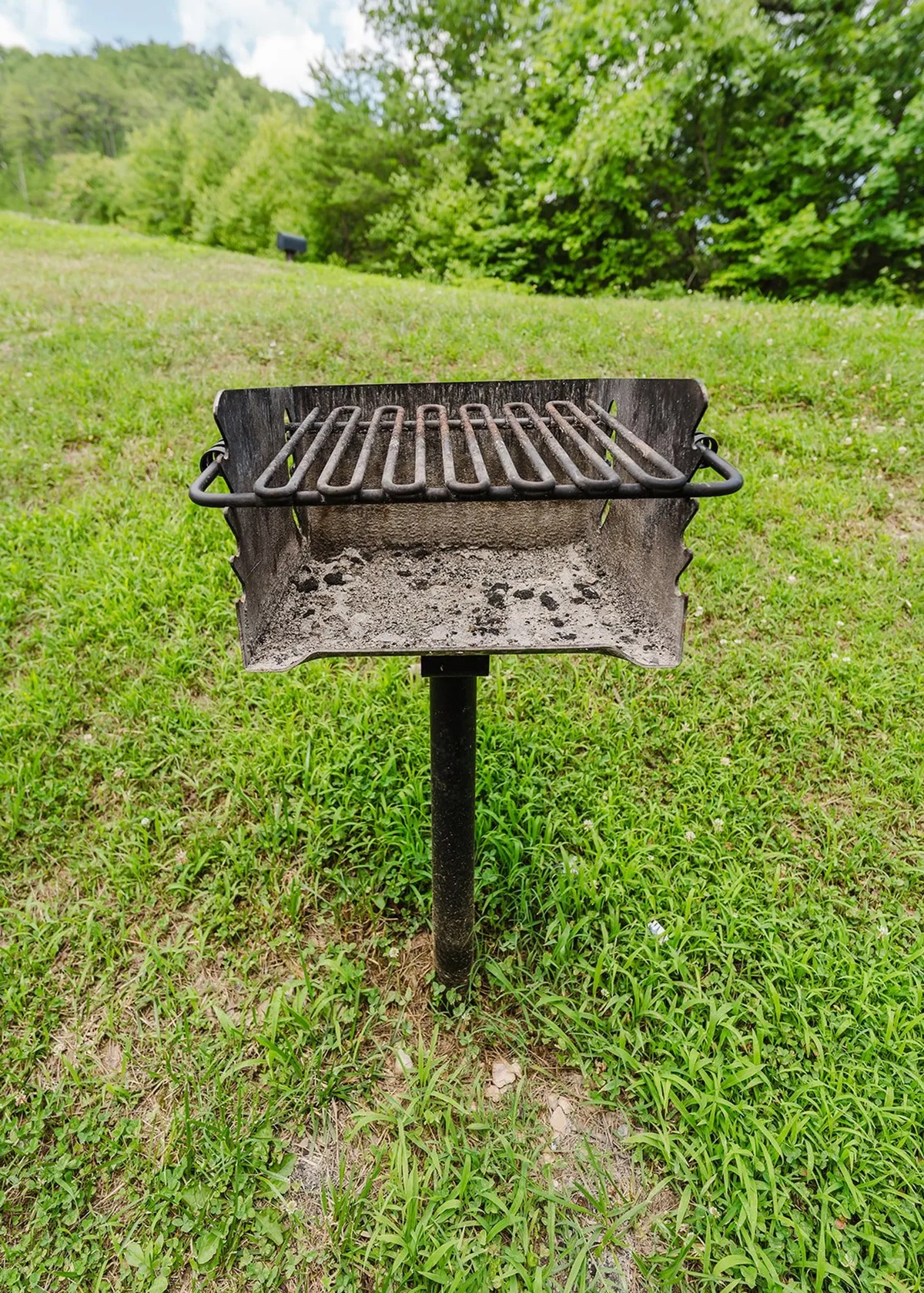 This image features an outdoor grill set amid green grass and distant trees, inviting guests to gather and enjoy a barbecue in a casual, relaxed environment. The setting is open and surrounded by the natural landscape, perfect for group activities and meals together.